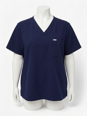 Figs Navy V-Neck Short Sleeve Scrub Women's Top with Chest Pocket XXL